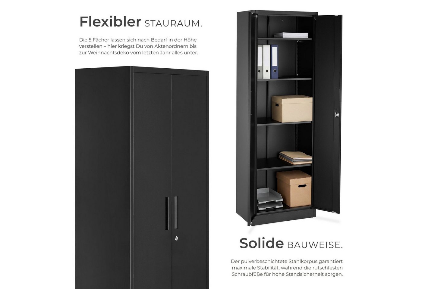 tectake® Aktenschrank, 60 x 40 x 180,5 cm, 4 verstellbare Zwischenböden, pulverbeschichteter Stahl, Kippschutz, höhenverstellbare Füße Bild 4