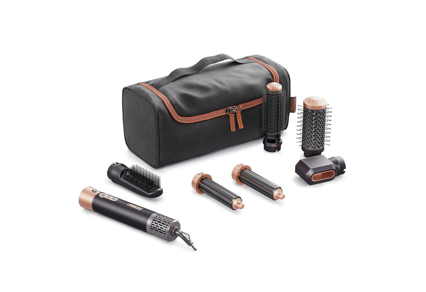 PRINCESS Airstyler Plus 6in1 01.529215.01.001 Haarstyler (1000 Watt, 3 Heiz- und 2 Geschwindigkeitseinstellungen, LED-Lichtanzeige, Ionisch, 360° drehbares Netzkabel, inkl. 1 große Rundbürste, 1 Blasrohr, automatische Wickel-Lockenwickler, 1 Rundbürste, 1