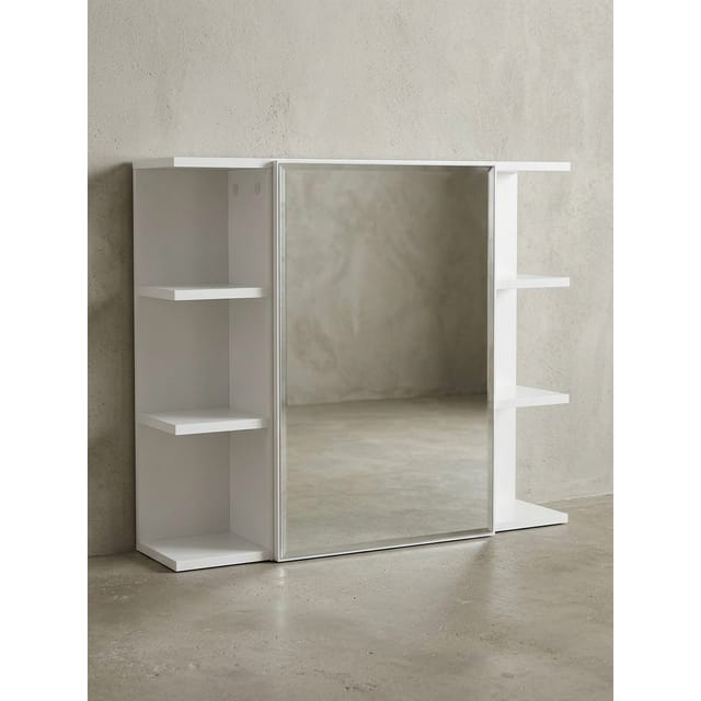 Hängeschrank Weiß 80x64,5x20 cm aus Spanplatte mit Spiegeltür und offenen Fächern