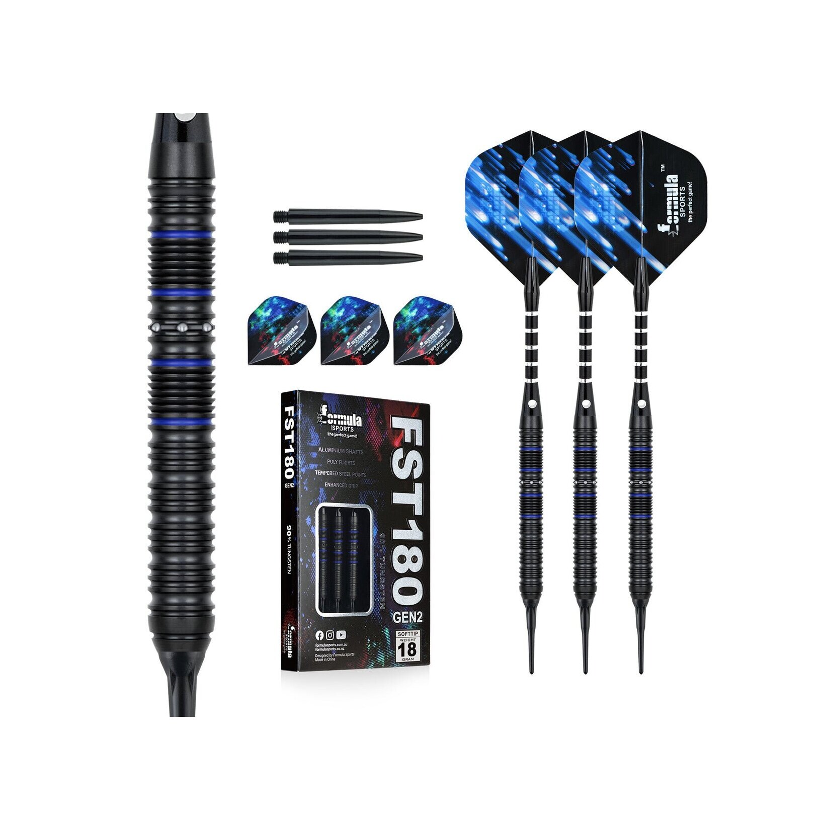 Formula FST180 GEN2 Black Blue Rings Softtip Dartset 18g Softdarts