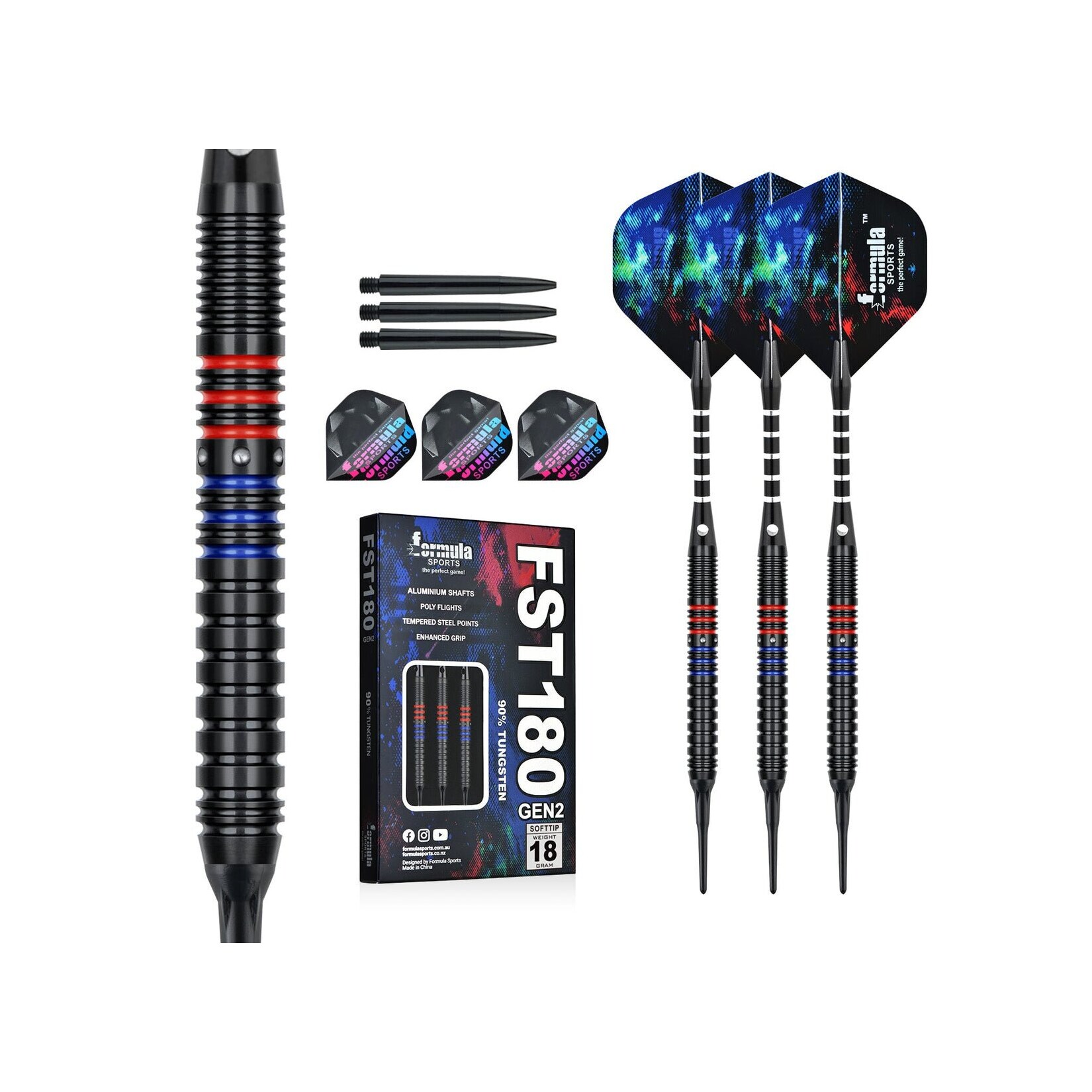 Formula FST180 GEN2 Black Blue Red Rings Softtip Dartset 18g Softdarts