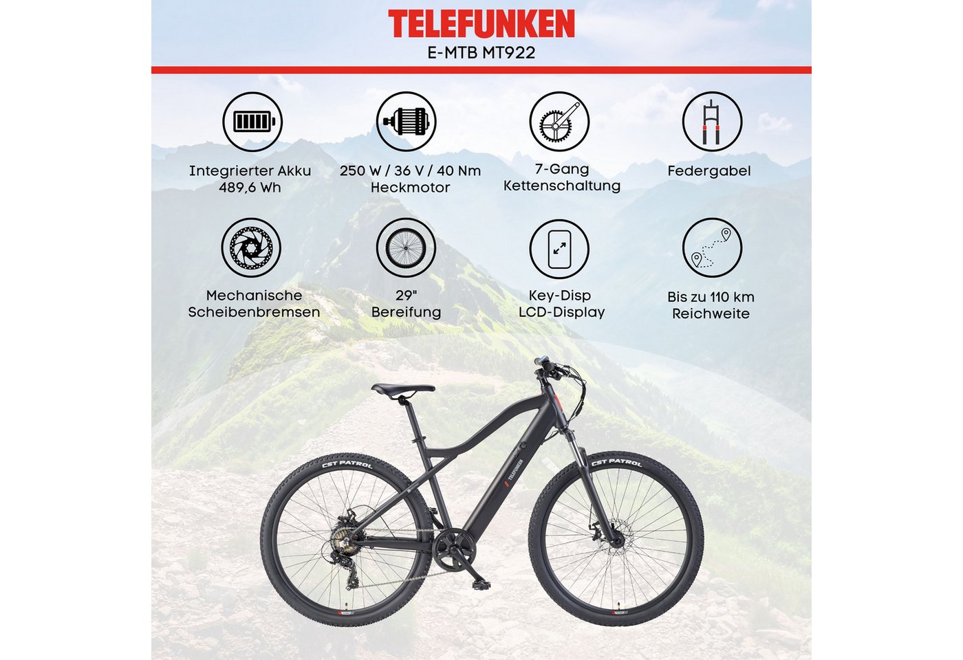 TELEFUNKEN MT922 E-MTB Mountainbike, 7-Gang Kettenschaltung, Heckmotor, 489,6 Wh Akku, 29" schwarz Bild 4