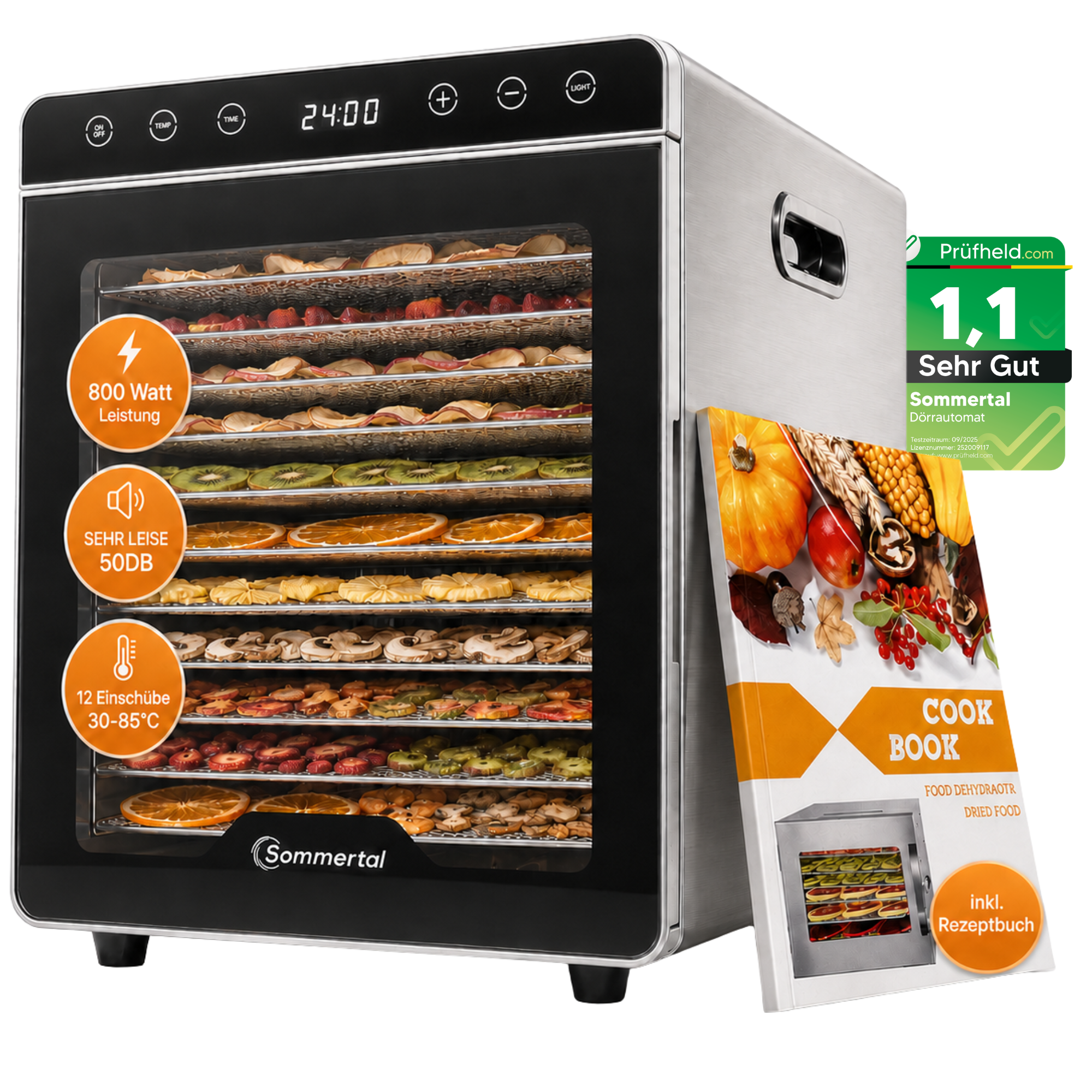 Sommertal Dörrautomat Silence 800 12 Einschübe, 800W, 30–85°C & 24h Timer – Dörrgerät Edelstahl, Kräutertrockner & Dehydrator für Obst & Fleisch