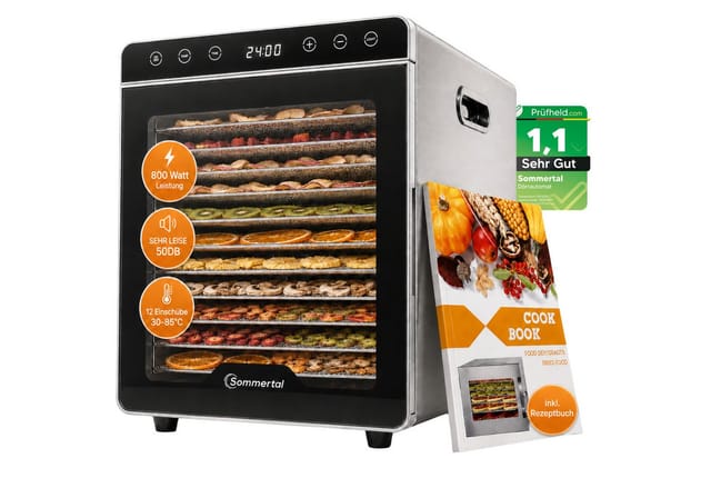 Sommertal Dörrautomat Silence 800 12 Einschübe, 800W, 30–85°C & 24h Timer – Dörrgerät Edelstahl, Kräutertrockner & Dehydrator für Obst & Fleisch