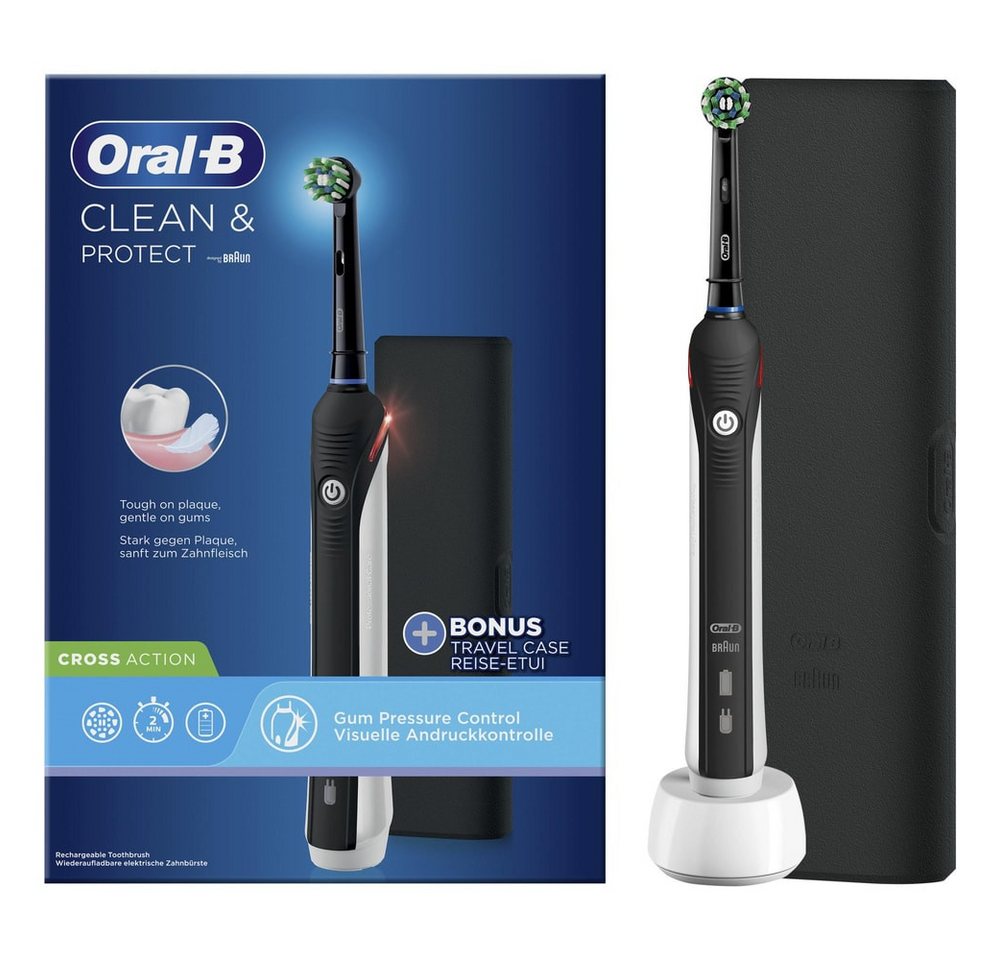 Oral-B Clean & Protect Zahnbürste (3D-Technologie, visuelle Andruckkontrolle, 2 Putzprogramme: Tägliche Reinigung und Sensitiv, bis zu 2 Wochen Akku-Laufzeit, integrierter 2-Minuten-Timer, Handstück mit Ladestation, 1 Aufsteckbürste, 1 Reise-Etui, made in Bild 5