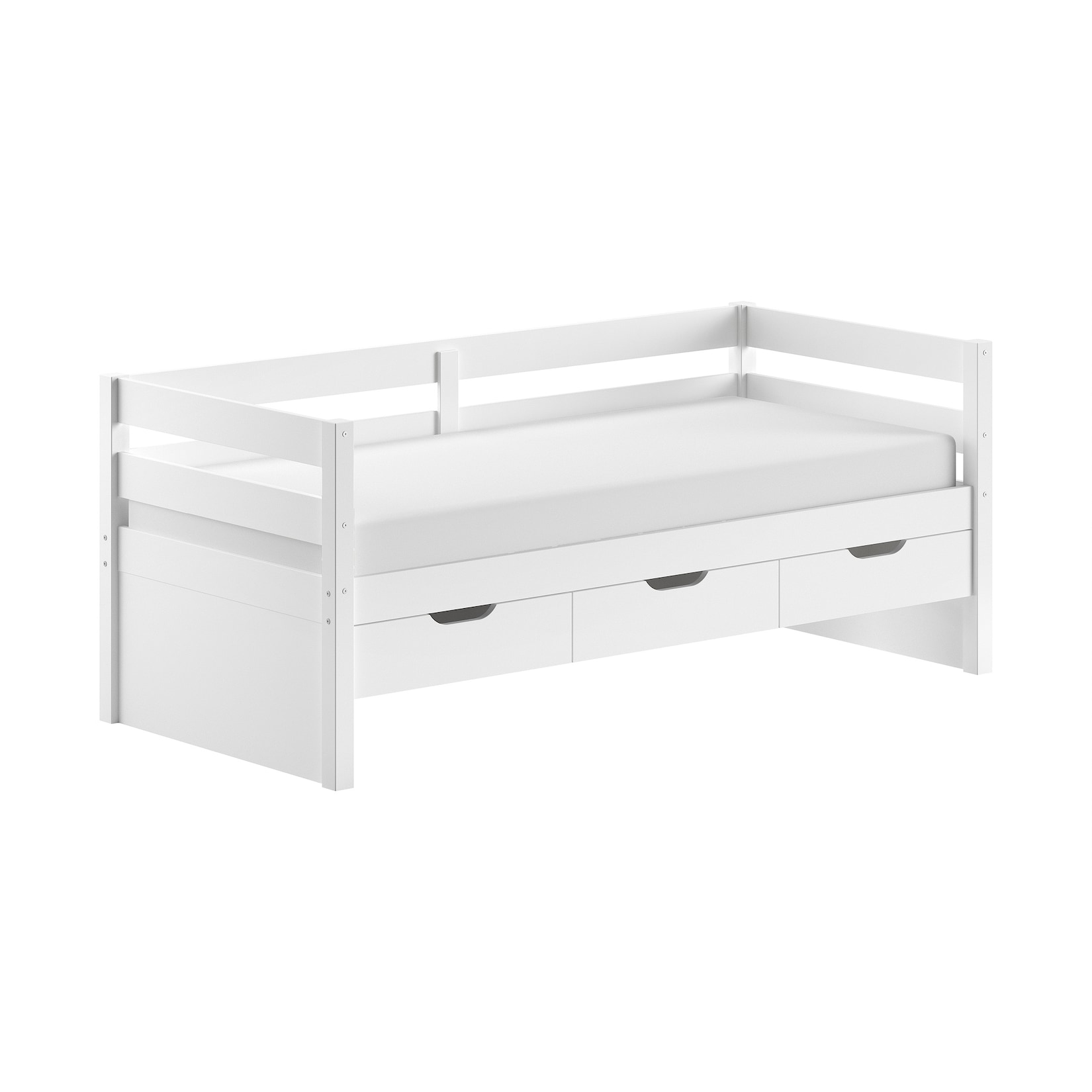 Funktions-Kojen Bett mit Umrandung, 3 Schubladen u. Rolllattenrost, Liegefläche 90 x 200, Ausf. Weiß lackiert