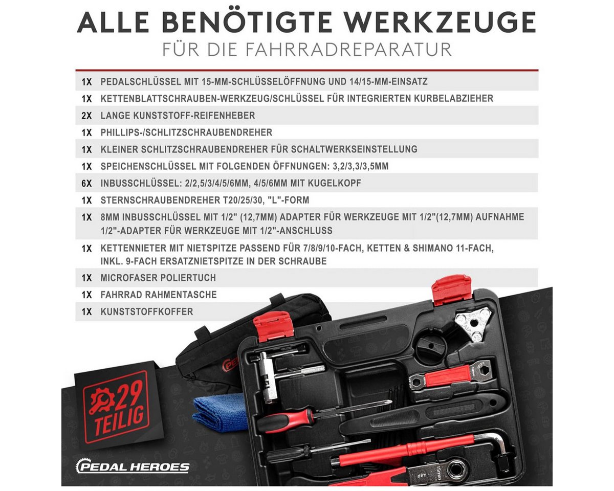 Fahrrad Werkzeug Set 29 Teile mit Koffer, Rahmentasche und Poliertuch