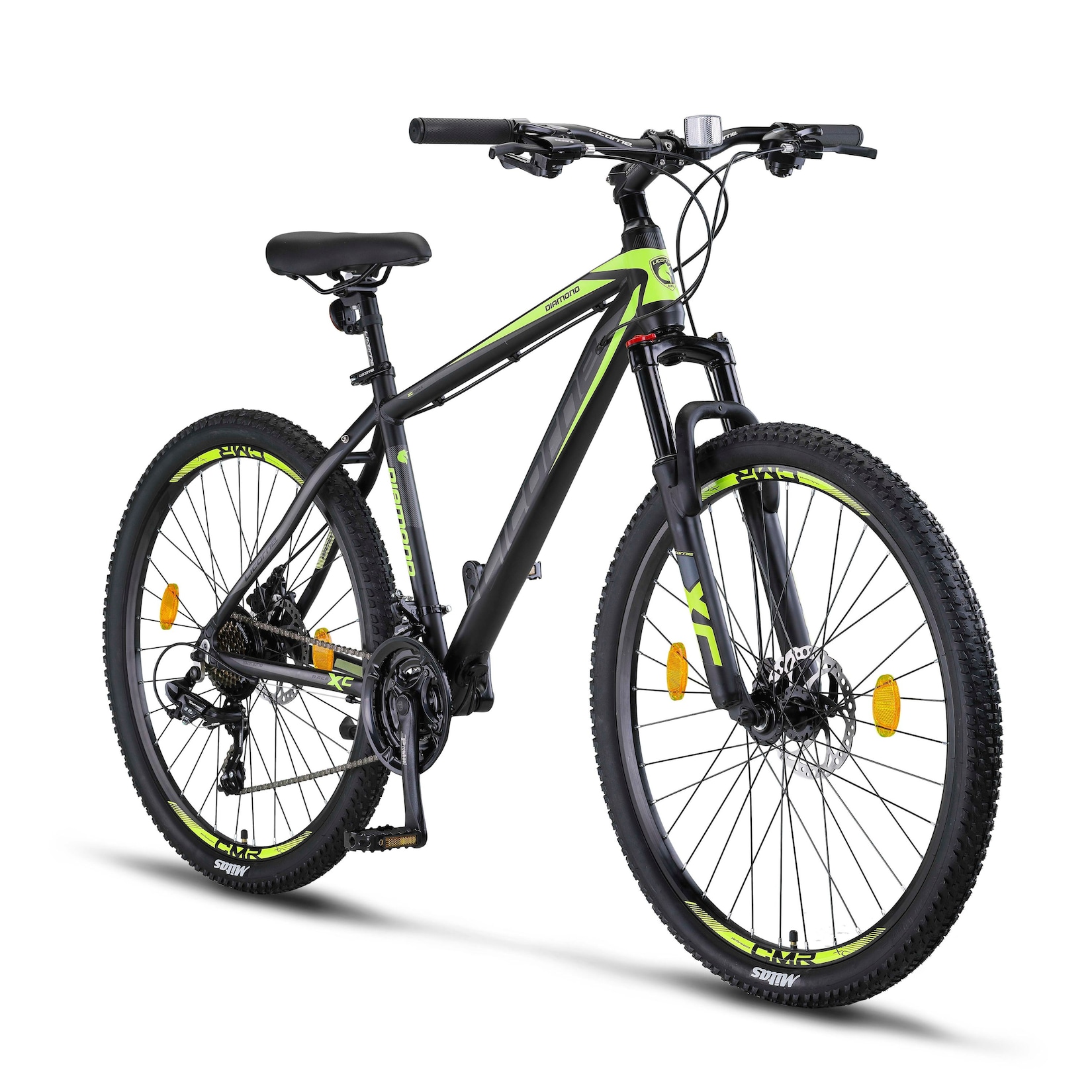 Licorne Bike Diamond Premium Mountainbike Aluminium, Fahrrad für Jungen, Mädchen, Herren und Damen - 21 Gang-Schaltung - Scheibenbremse Herrenrad, einstellbare Vordergabel 26, 27.5 und 29 Zoll Farbe:Schwarz-Lime;Größe:27.5
