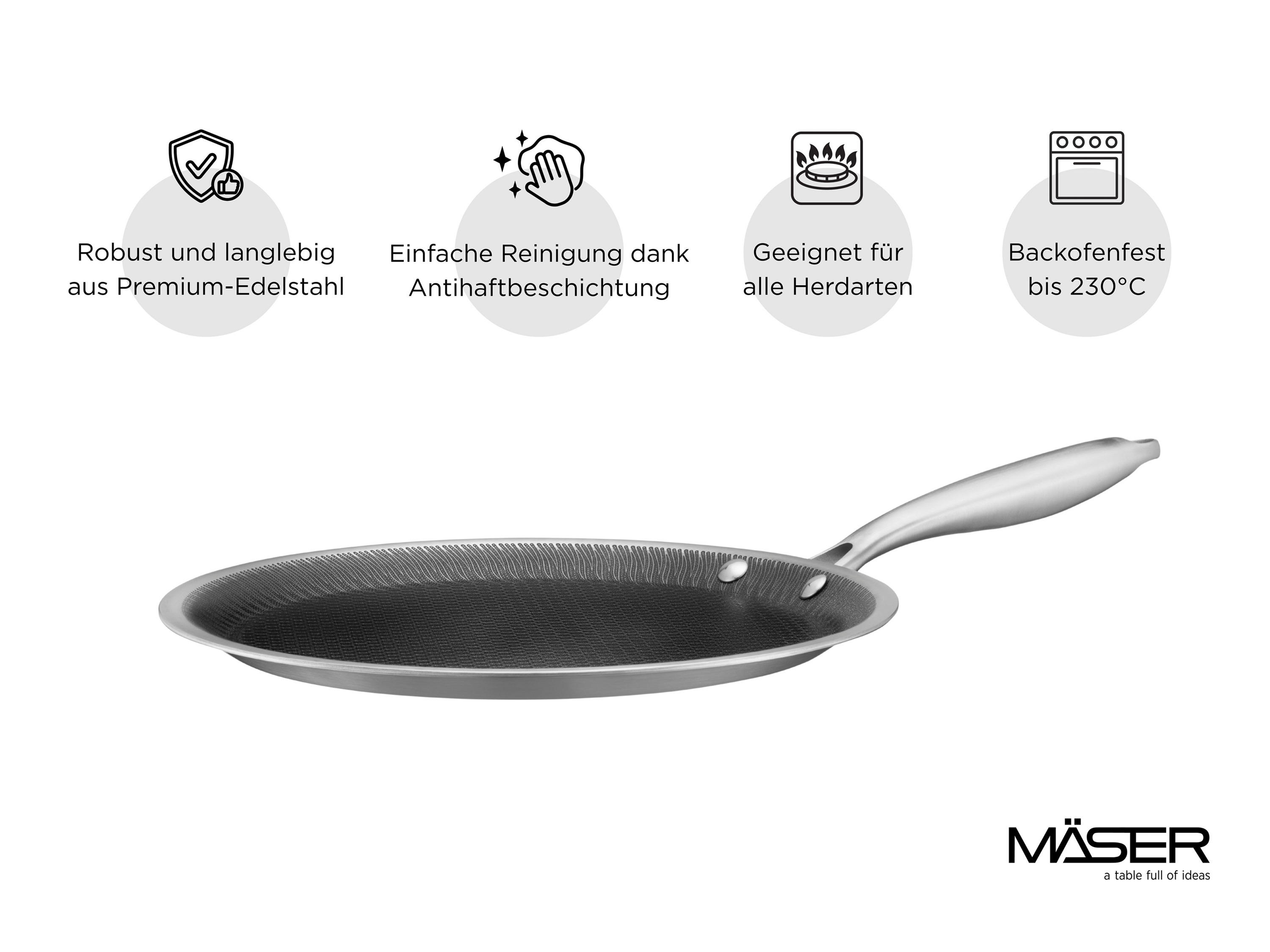 Mäser Crêpe-Pfanne 28 cm, Edelstahl Hestia Keramik Silber / Schwarz