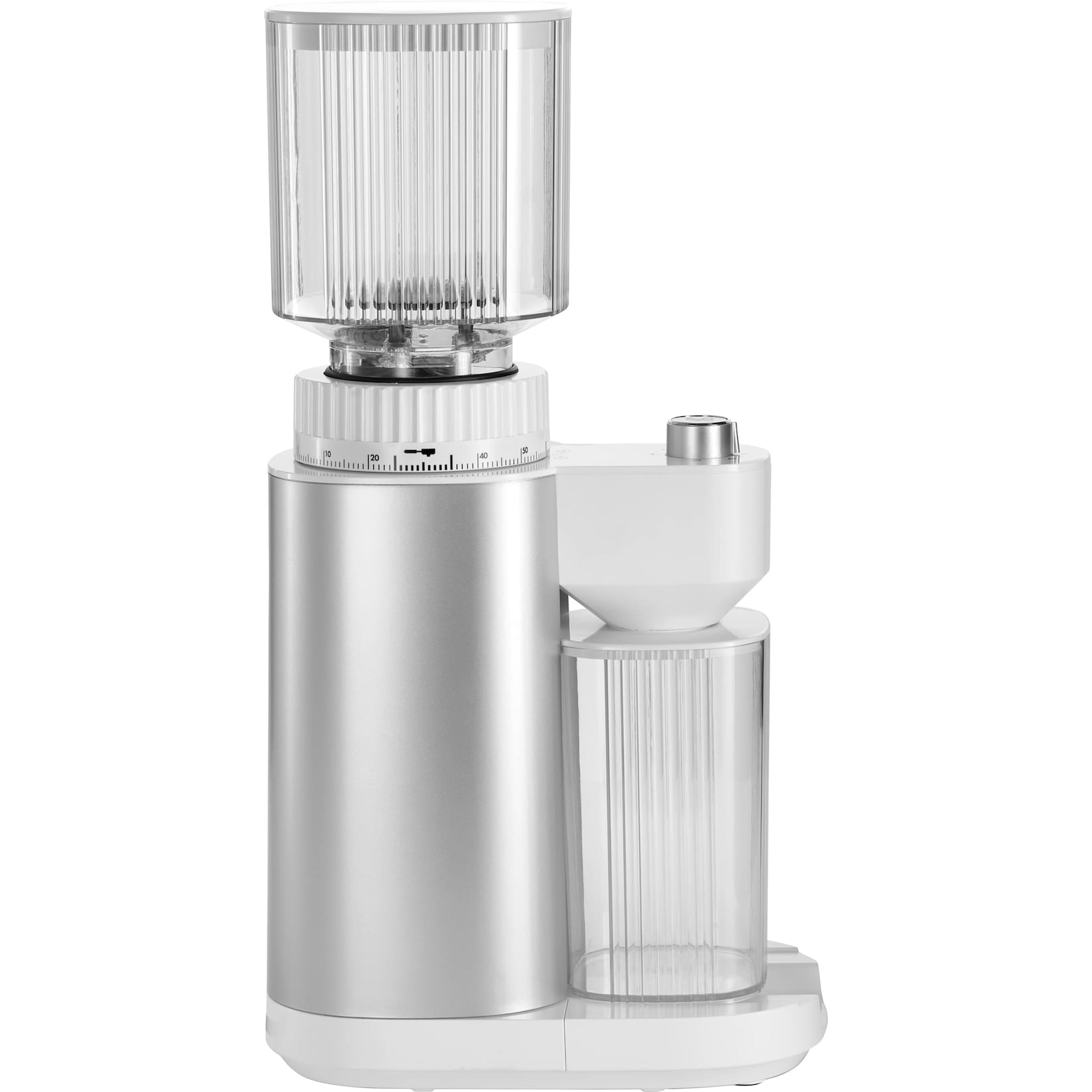 ZWILLING Enfinigy Silber-Weiß Kaffeemühle (135 Watt, 140 Mahlgradeinstellungen, 1-12 Tassen, Edelstahl-Kegelmahlwerk, Kabelaufwicklung, Kunststoffgehäuse, Silber-Weiß)