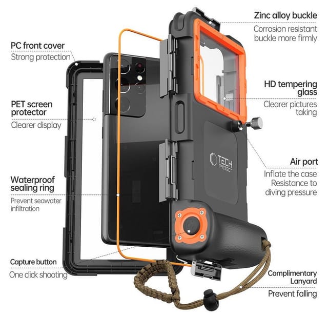 Tech-Protect Waterproof Case IPX8 Waterproof for Smartphones 4.7-6.7" - Black/Orange