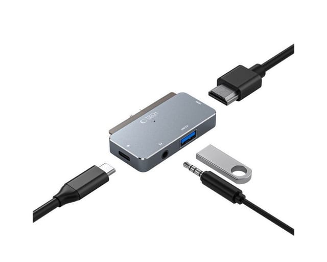 Tech-Protect HUB V6 4in1 USB-C - USB-A 3.0 / USB-C PD100W / HDMI / mini jack 3.5mm - grey USB-Hubs - USB 3.0 - 4 - Grau
