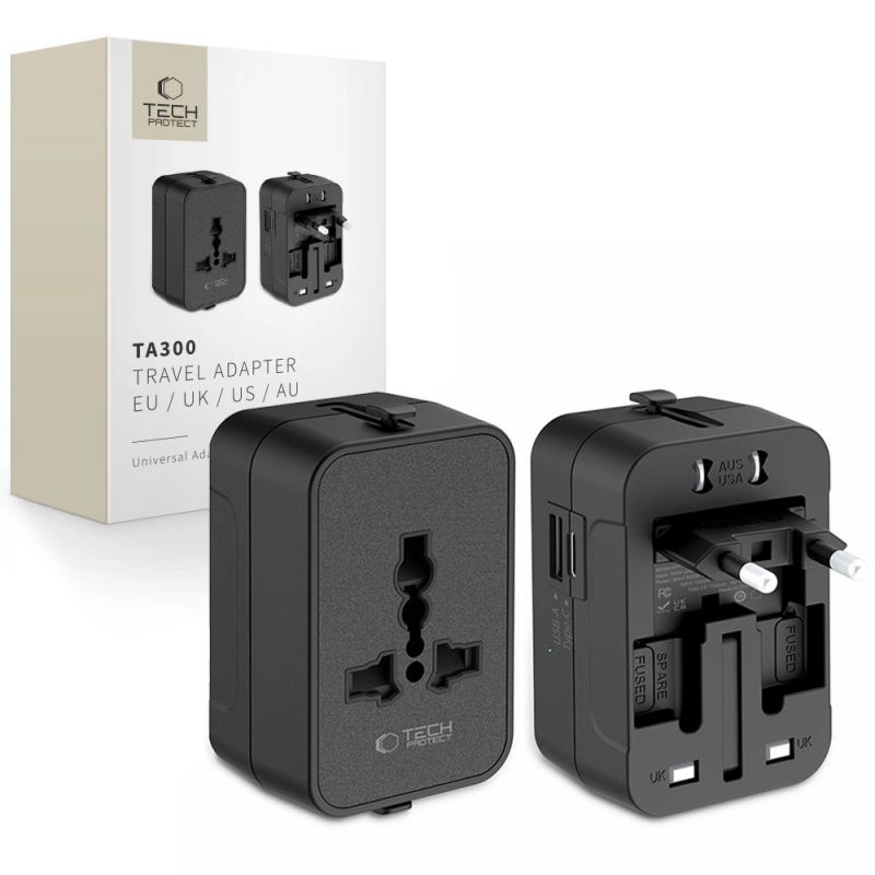 Tech-Protect TA300 Travel Adapter EU/UK/AU - Black