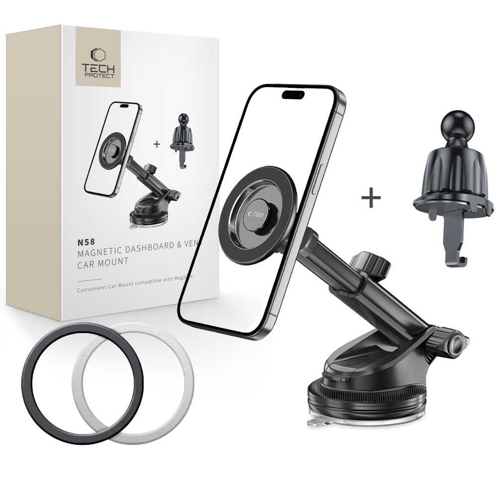 Tech-Protect N58 Magnetic MagSafe Car Mount for Cockpit Windshield or Air Vent Mount - Black