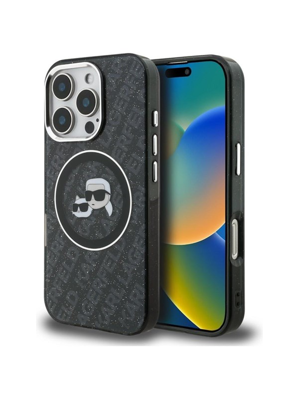 Karl Lagerfeld IML Glitter Karl & Choupette Heads Logo MagSafe Case for iPhone 16 Pro Max - Black