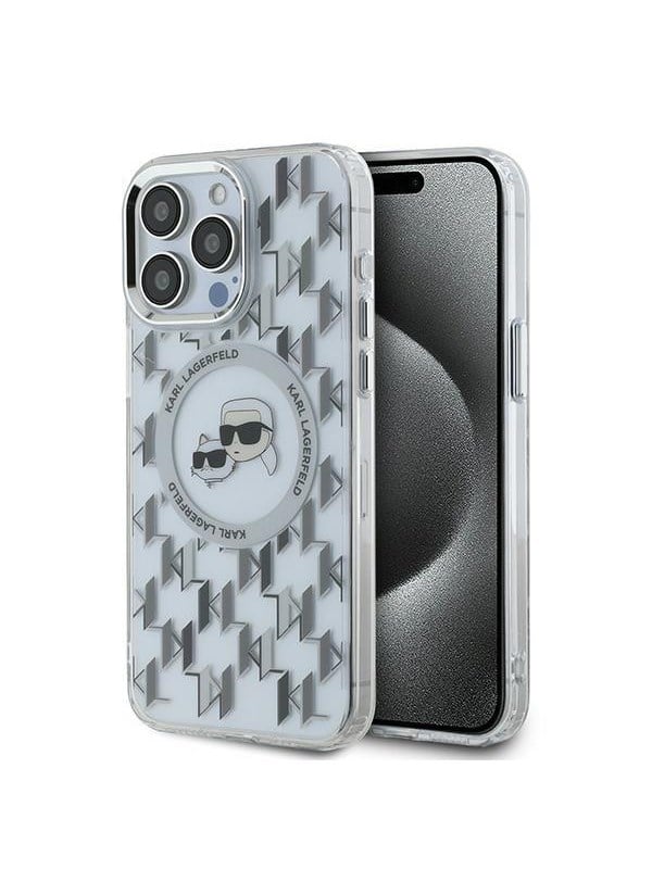 Karl Lagerfeld IML Monogram Karl & Choupette Head MagSafe Case for iPhone 15 Pro Max - Clear