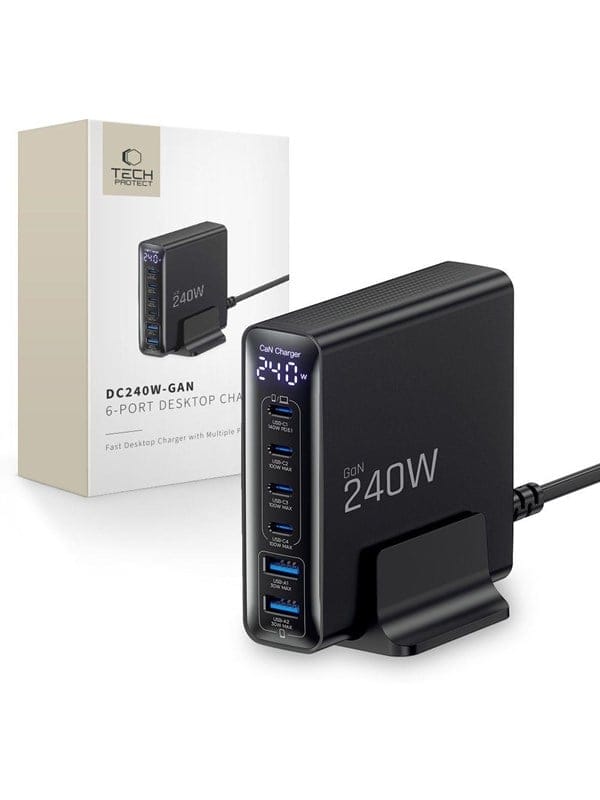 Tech-Protect DC240W-GaN Charging Station 6 Ports 4 x USB-C 2 x USB-A 240W QC3.0 - Black USB-Hubs - USB 3.0 - 6 - Schwarz