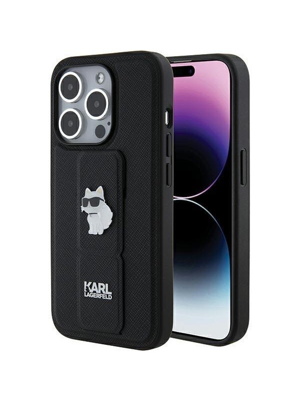 Karl Lagerfeld Gripstand Saffiano Choupette Pins case for iPhone 15 Pro Max - black