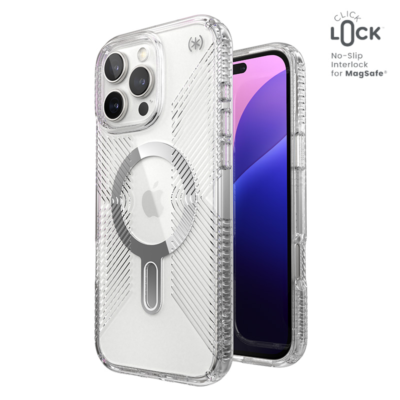Speck Presidio Perfect-Clear Grip ClickLock & MagSafe - iPhone 16 Pro Max Case - Clear / Chrome Finish / Serene Silver