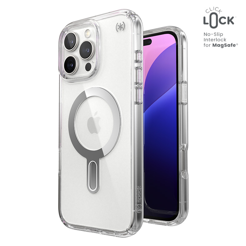 Speck Presidio Perfect-Clear ClickLock & MagSafe - iPhone 16 Pro Max Case - Clear / Chrome Finish / Serene Silver