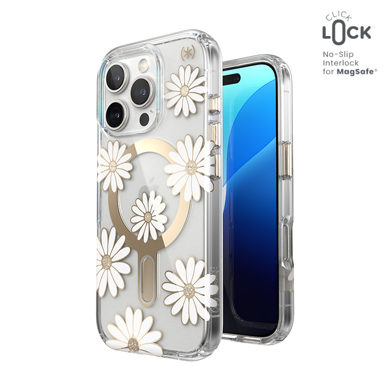 Speck Presidio Lux ClickLock & MagSafe - iPhone 16 Pro Case - Sunshine Daisies / Clear / Gold