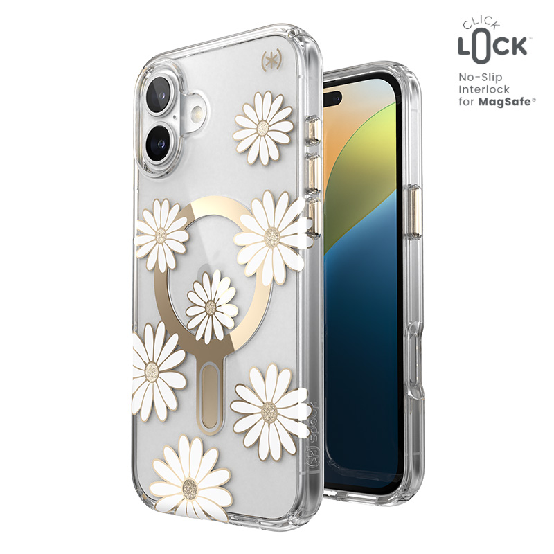 Speck Presidio Lux ClickLock & MagSafe - iPhone 16 Plus Case - Sunshine Daisies / Clear / Gold