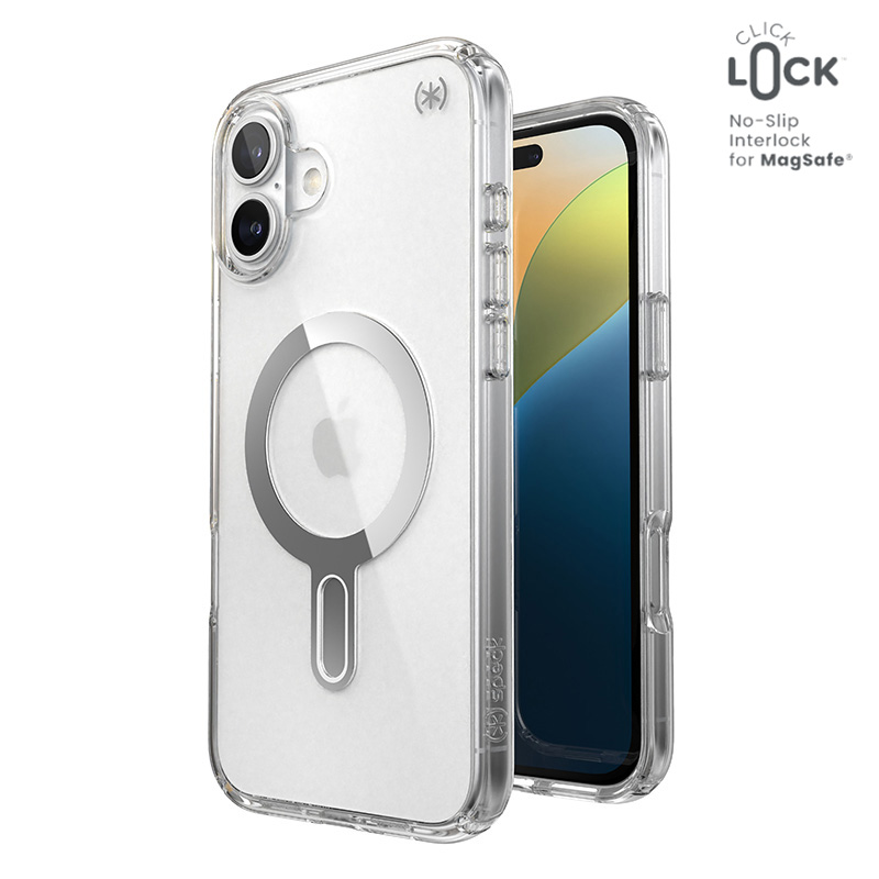 Speck Presidio Perfect-Clear ClickLock & MagSafe - iPhone 16 Plus Case - Clear / Chrome Finish / Serene Silver