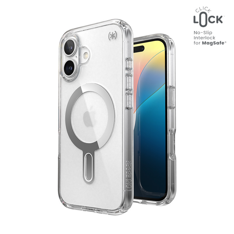 Speck Presidio Perfect-Clear ClickLock & MagSafe - iPhone 16 Case - Clear / Chrome Finish / Serene Silver