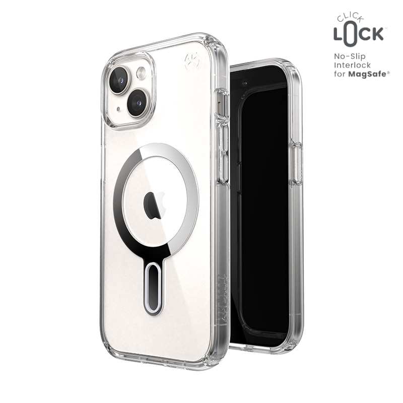 Speck Presidio Perfect-Clear ClickLock & MagSafe - iPhone 17e / 16e / 15 / 14 / 13 Case - Clear / Chrome Finish / Serene Silver