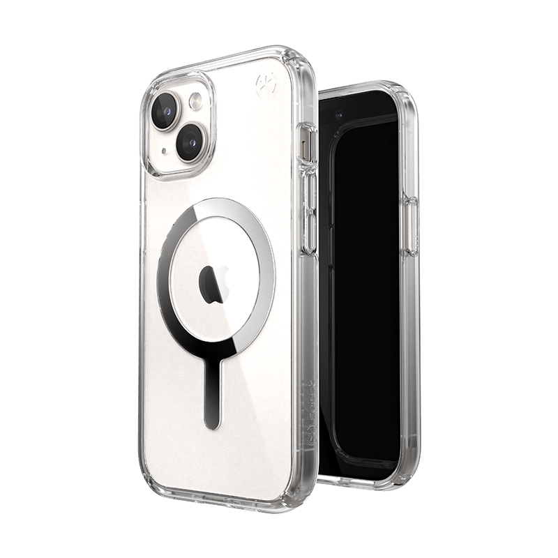 Speck Presidio Perfect-Clear MagSafe - iPhone 17e / 16e / 15 / 14 / 13 Case - Clear / Chrome Finish / Serene Silver