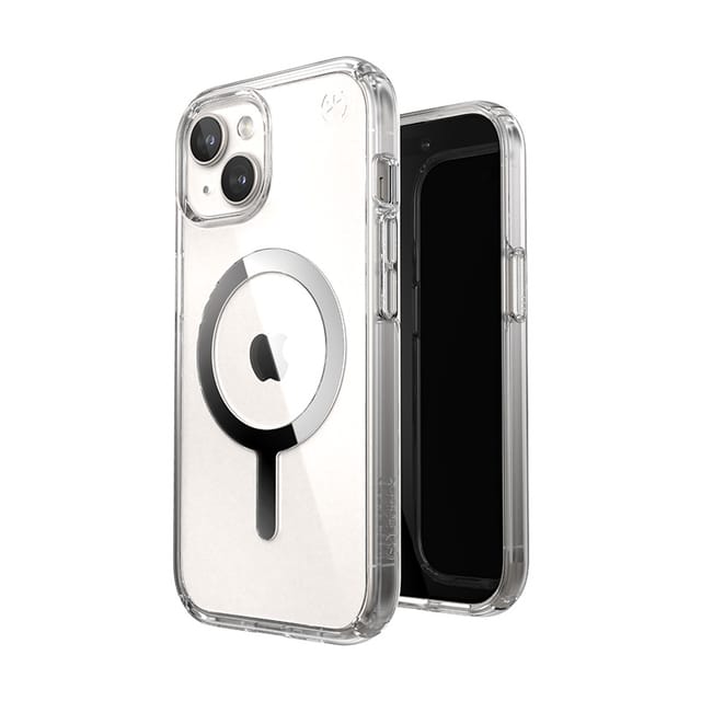 Speck Presidio Perfect-Clear MagSafe - iPhone 17e / 16e / 15 / 14 / 13 Case - Clear / Chrome Finish / Serene Silver