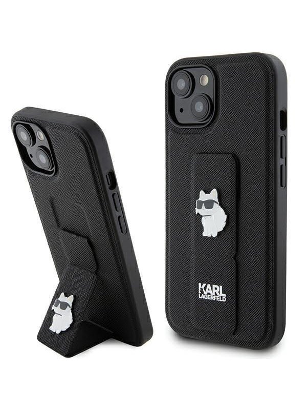Karl Lagerfeld Gripstand Saffiano Choupette Pins Case for iPhone 15 Plus / 14 Plus - Black