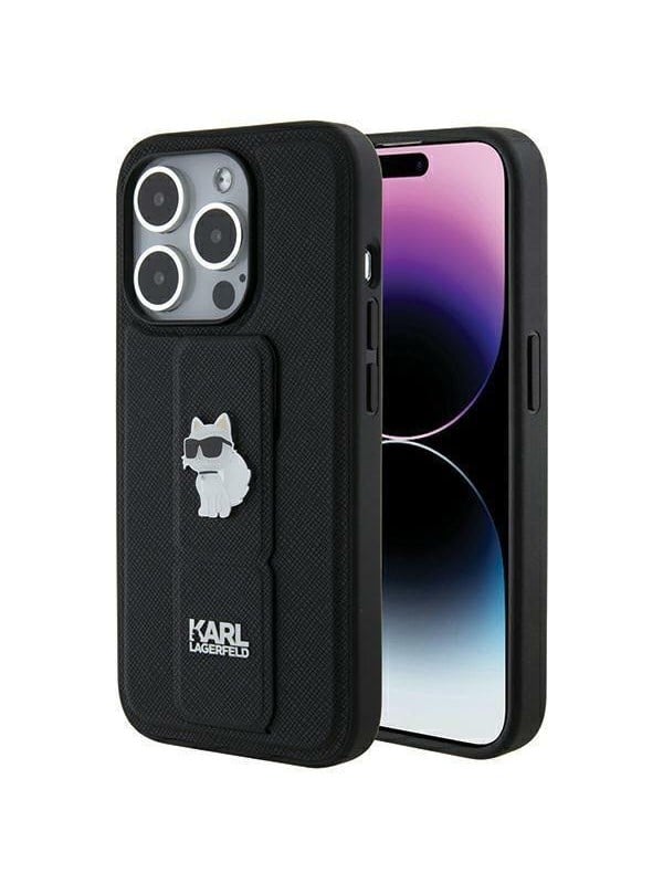 Karl Lagerfeld Gripstand Saffiano Choupette Pins case for iPhone 14 Pro - black