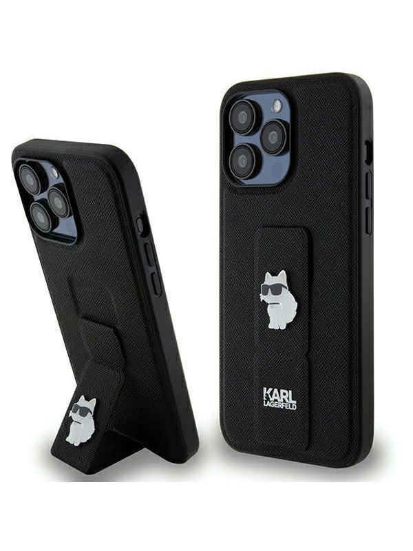 Karl Lagerfeld Gripstand Saffiano Choupette Pins case for iPhone 13 Pro Max - black