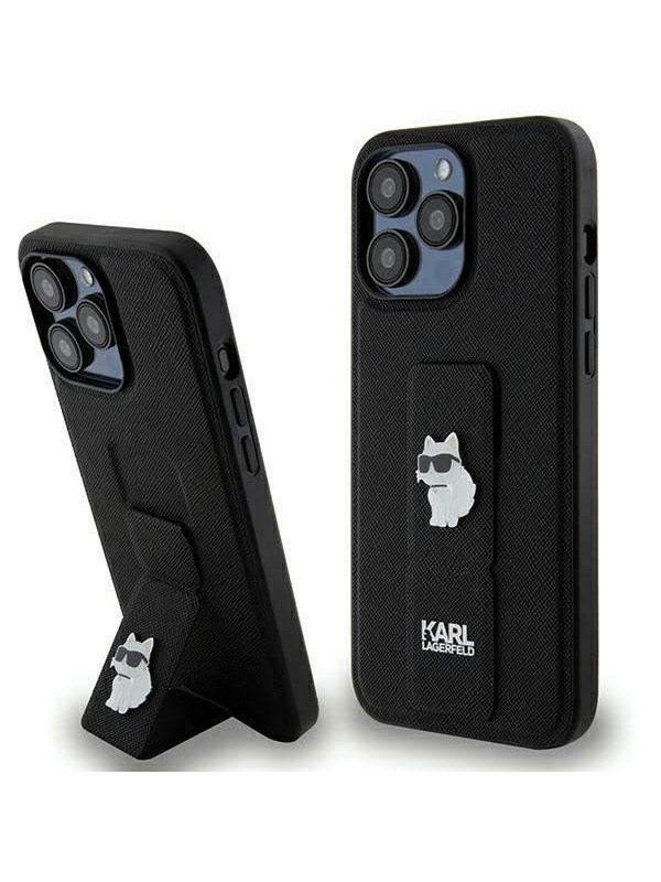 Karl Lagerfeld Gripstand Saffiano Choupette Pins Case for iPhone 13 Pro / 13 - Black