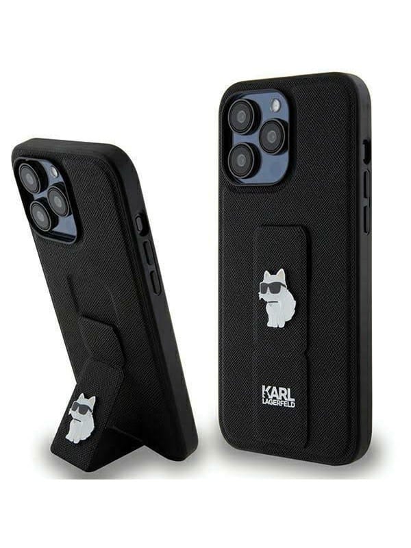Karl Lagerfeld Gripstand Saffiano Choupette Pins Case for iPhone 13 Pro / 13 - Black