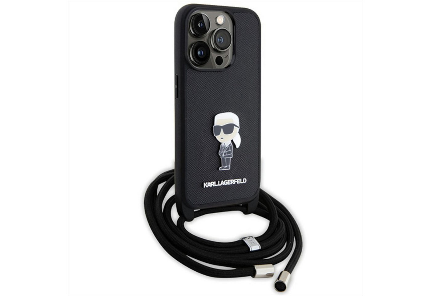 Karl Lagerfeld Crossbody Saffiano Monogram Metal Pin Karl & Choupette Case for iPhone 15 Pro - Black