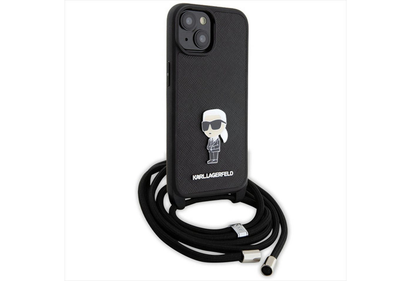 Karl Lagerfeld Crossbody Saffiano Monogram Metal Pin Karl & Choupette Case for iPhone 15 - Black