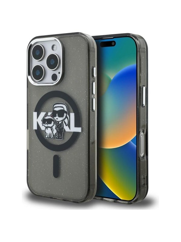 Karl Lagerfeld IML Glitter Karl & Choupette Sketch Logo MagSafe Case for iPhone 16 Pro Max - Black