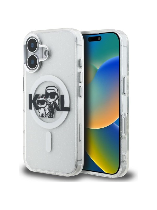 Karl Lagerfeld IML Glitter Karl & Choupette Sketch Logo MagSafe Case for iPhone 16 - Transparent