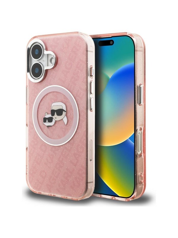 Karl Lagerfeld IML Glitter Karl & Choupette Heads Logo MagSafe iPhone 16 Case - Pink