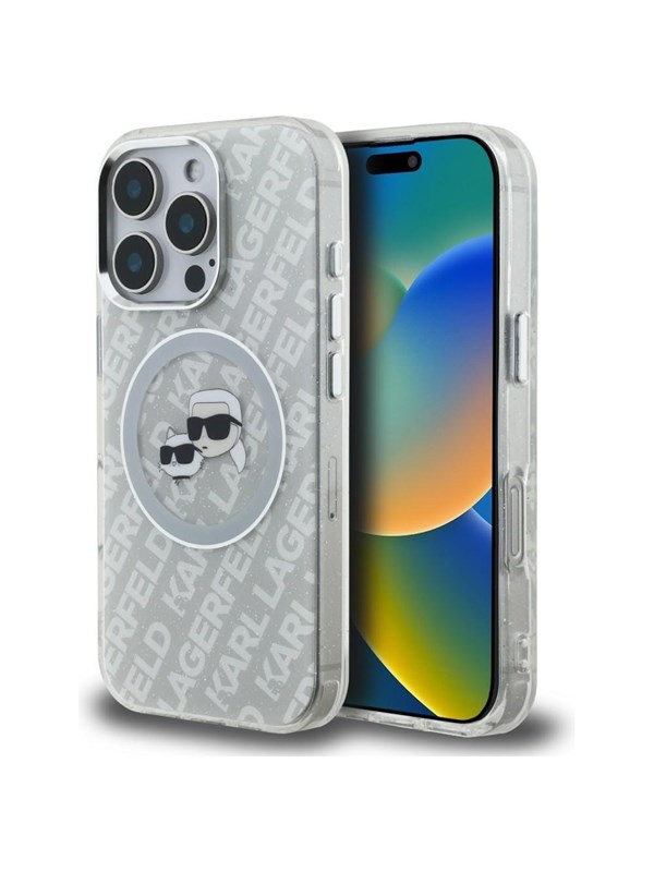 Karl Lagerfeld IML Glitter Karl & Choupette Heads Logo MagSafe Case for iPhone 16 Pro Max - Gray