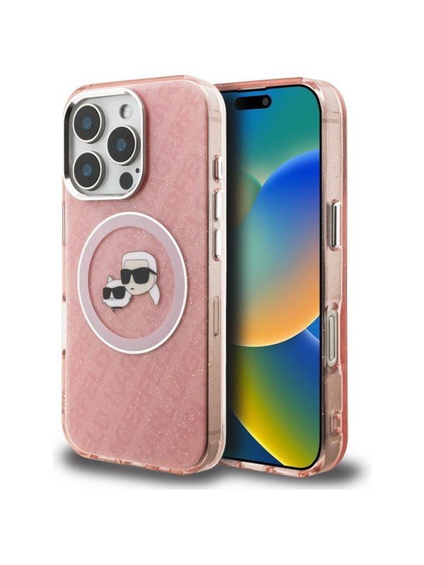 Karl Lagerfeld IML Glitter Karl & Choupette Heads Logo MagSafe Case for iPhone 16 Pro Max - Pink