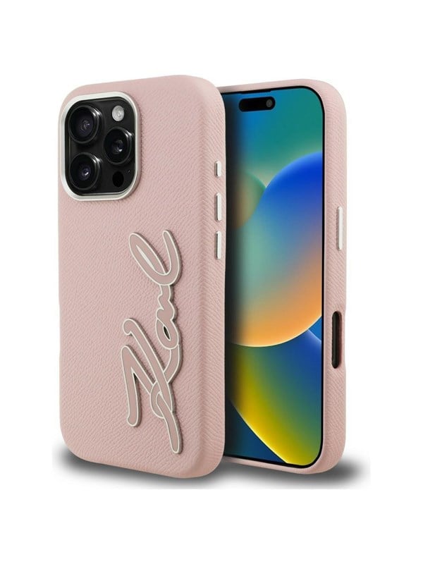 Karl Lagerfeld FW Grained Signature Logo iPhone 16 Pro Case - Pink