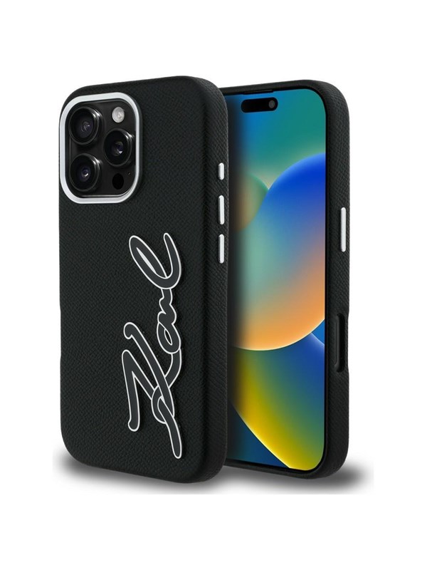 Karl Lagerfeld FW Grained Signature Logo iPhone 16 Pro Case - Black