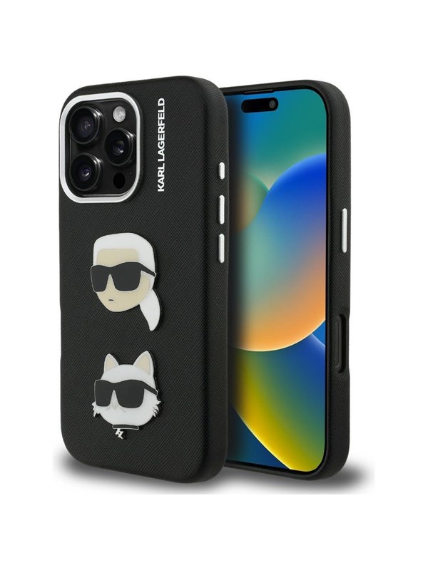 Karl Lagerfeld FW Grained Karl & Choupette Heads Pins Case for iPhone 16 Pro Max - Black
