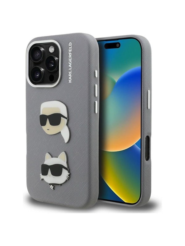 Karl Lagerfeld FW Grained Karl & Choupette Heads Pins Case for iPhone 16 Pro Max - Gray
