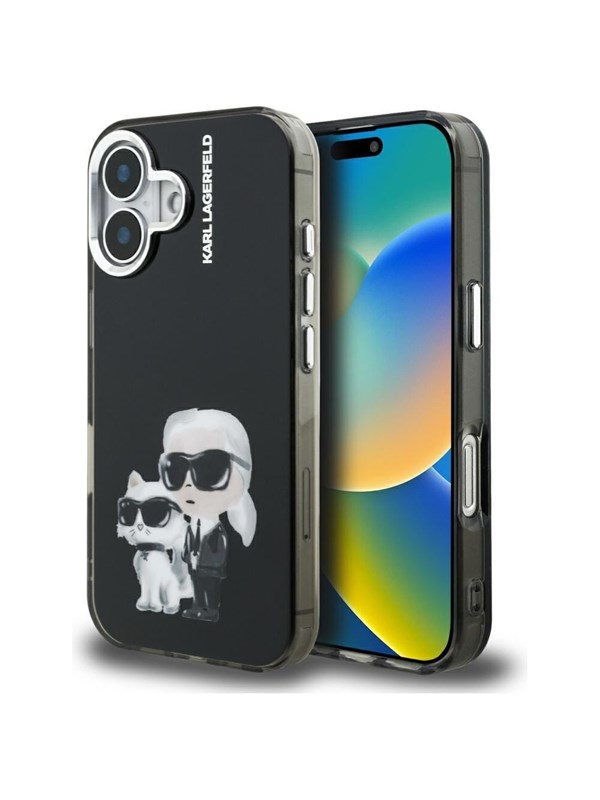 Karl Lagerfeld IML Aquarelle Karl & Choupette & Logo iPhone 16 Case - Black