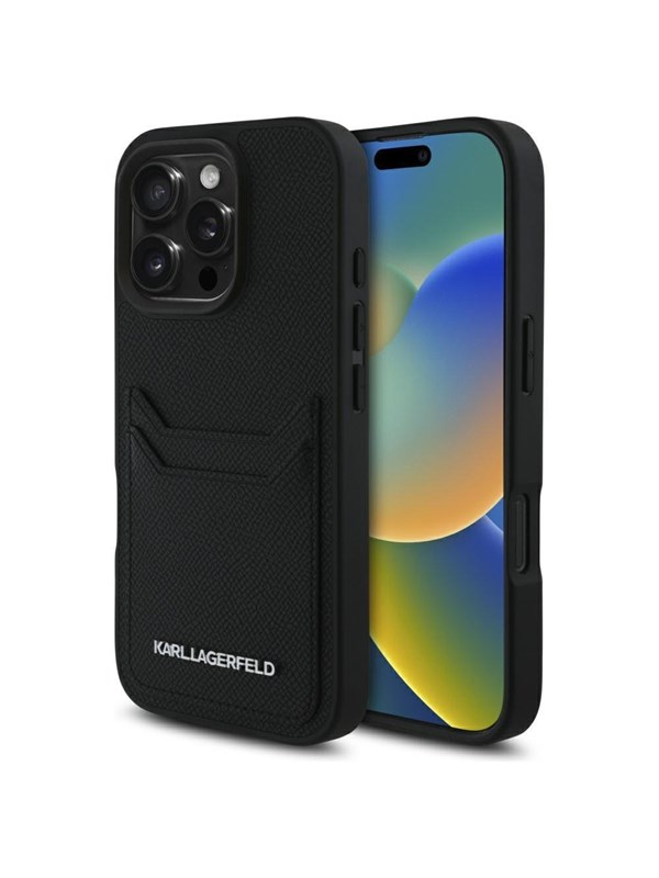 Karl Lagerfeld HC Grained PU Cardslot Metal Elong Case for iPhone 16 Pro Max - Black