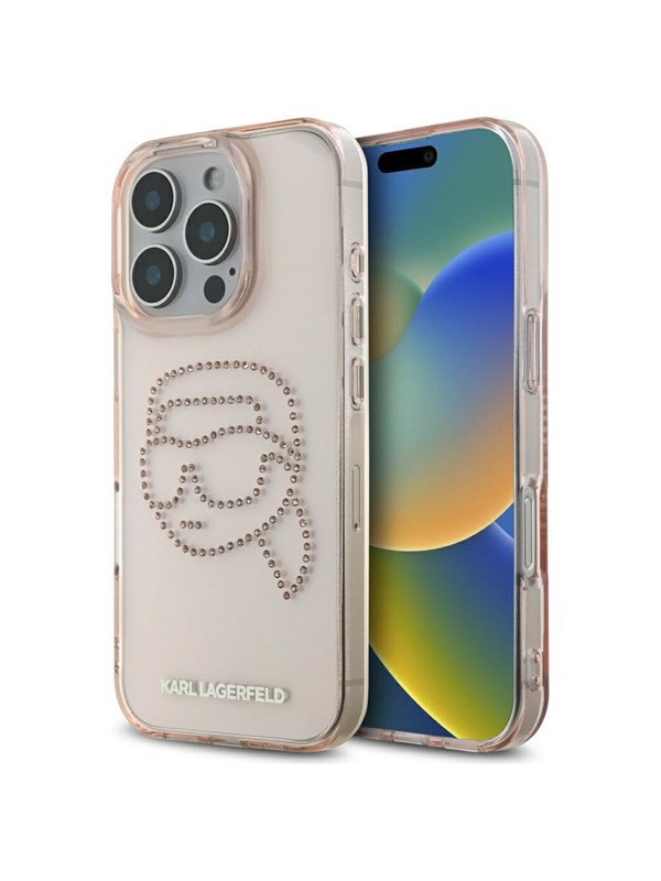 Karl Lagerfeld IML Rhinestones Karl Head Case for iPhone 16 Pro Pink